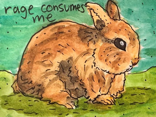 Watercolor painting of a rabbit with the text 'rage consumes me'.
