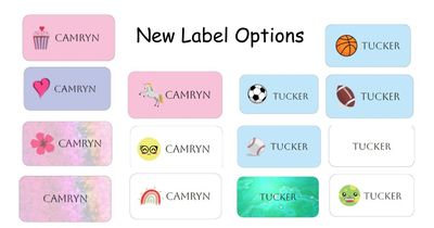 Various colorful label options with names and icons like hearts, sports, and animals.