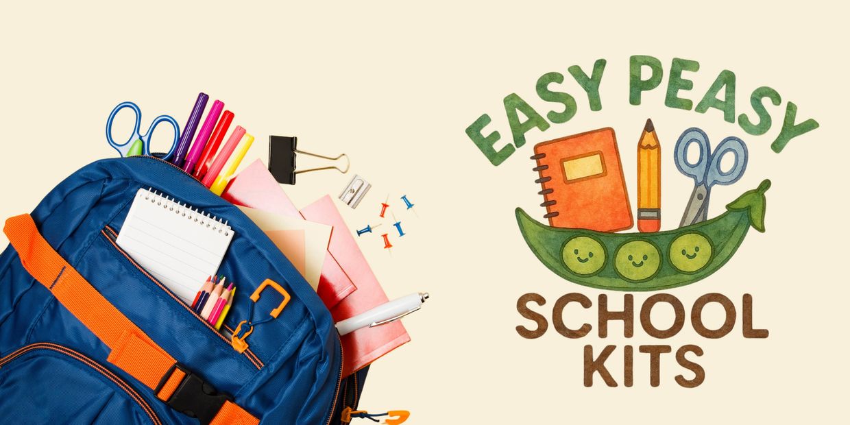 Backpack filled with colorful school supplies beside an Easy Peasy School Kits logo.