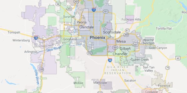 Service area map of the Phoenix, Mesa, Scottsdale, and Prescott areas.