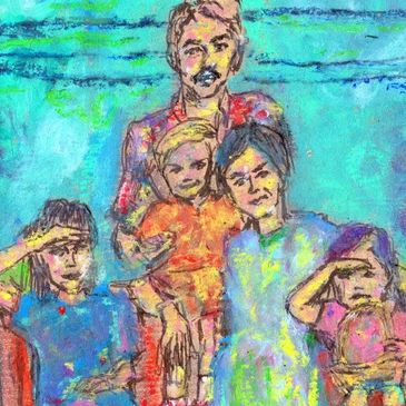 pastel drawing of a family together, with male and female couple with their 3 young/tween children