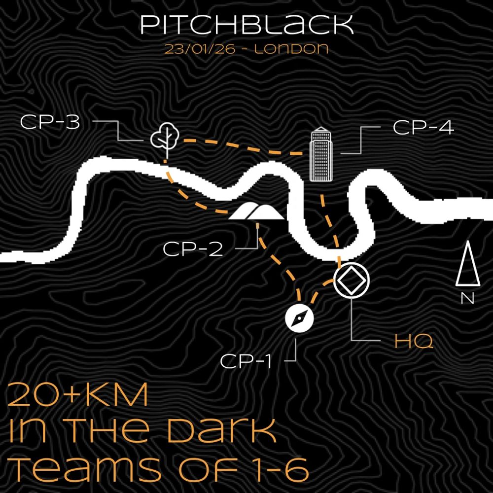 Map for Pitchblack night race in London with checkpoints and HQ.