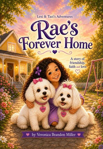Girl hugs two dogs in a garden at sunset.