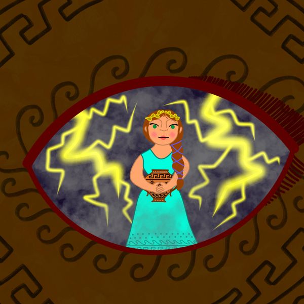 Illustration of a woman holding a Greek-style vase with lightning.