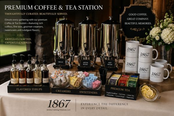 Elegant premium coffee and tea station with syrups, creamers, sweeteners, and mugs.