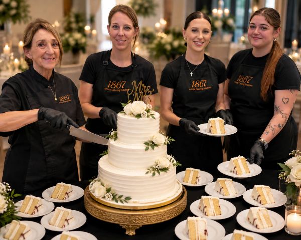 Four women in matching aprons serve slices of a decorated white wedding cake.
