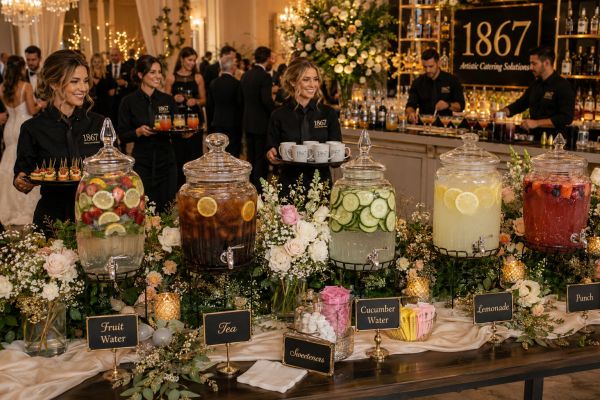 Elegant beverage station with various drinks and attendants.