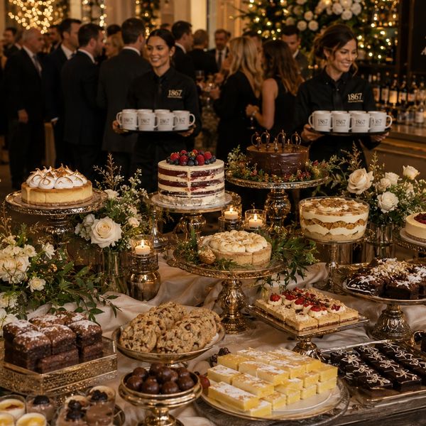 Elegant dessert table with various cakes, pastries, and two servers holding trays of mugs at a festive event.