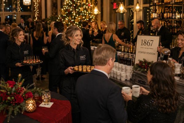 Guests enjoy a festive event with servers offering treats and coffee in a warmly lit setting.