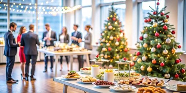 Office holiday party with festive decorations and food.