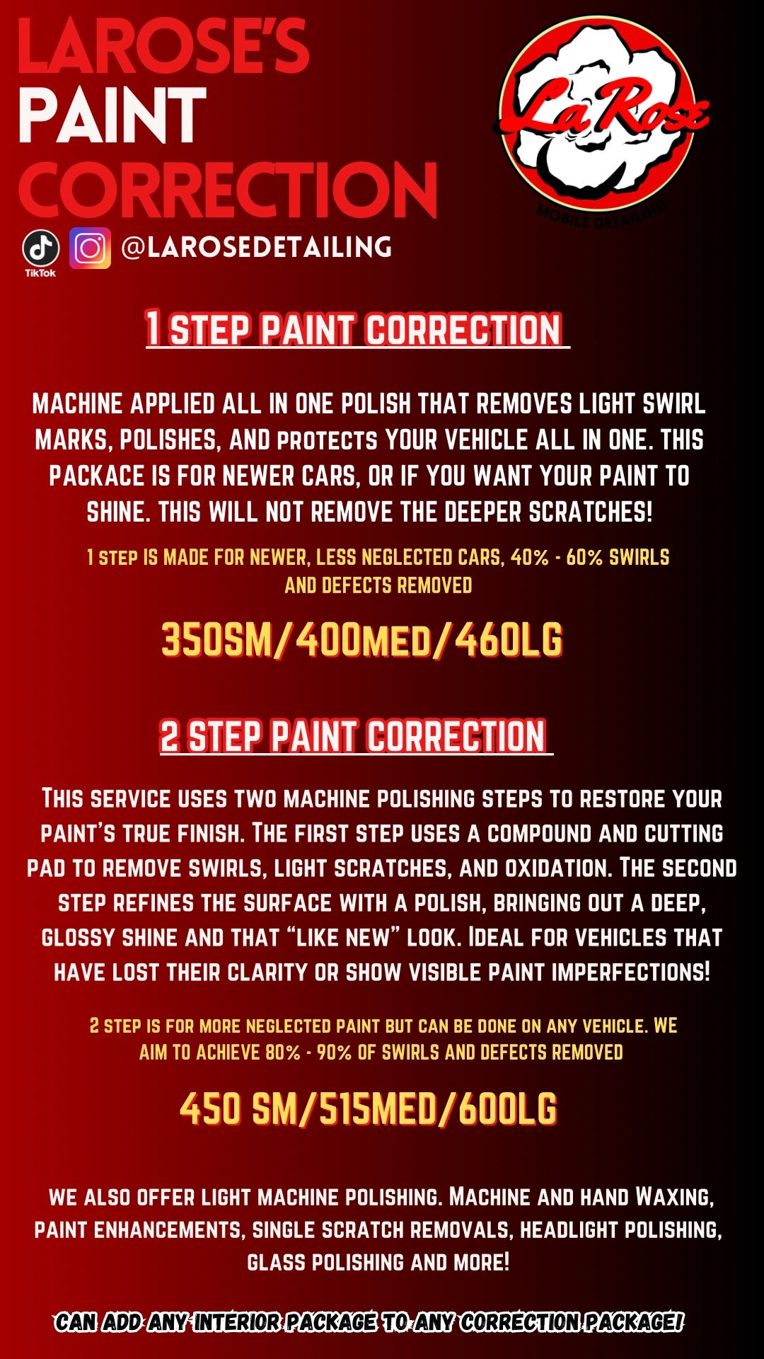LaRose's Paint Correction services with 1 and 2 step options for vehicle polishing.