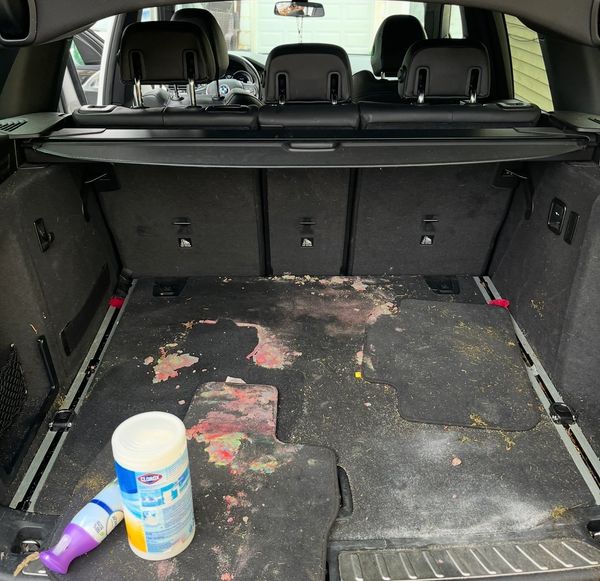 Dirty car trunk with stains and cleaning wipes.