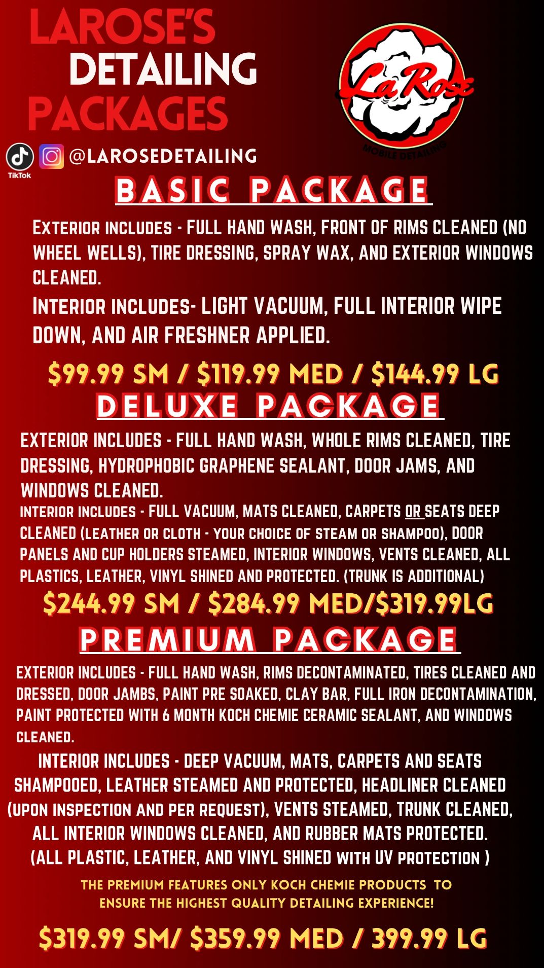 LaRose's mobile detailing packages with Basic, Deluxe, and Premium options for vehicle cleaning and protection.