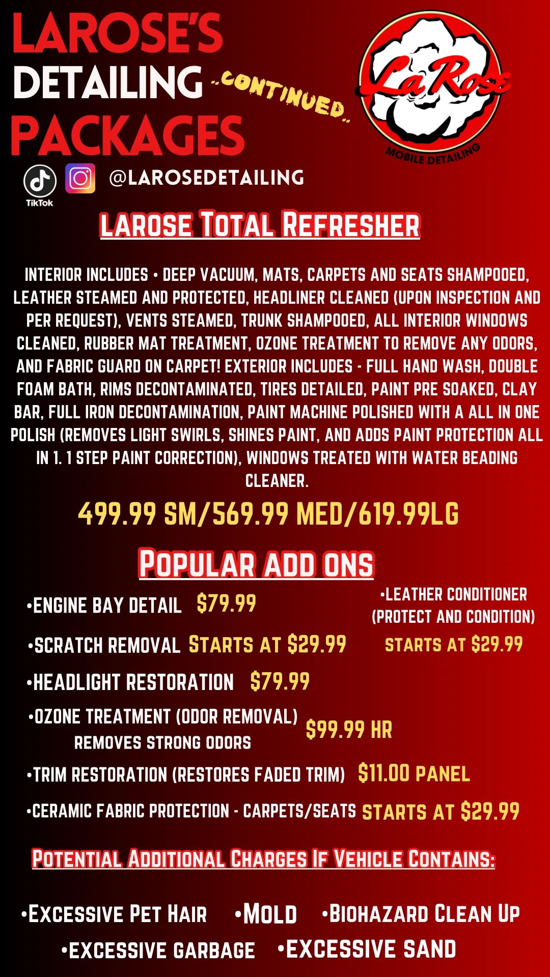 LaRose's mobile detailing packages with interior and exterior cleaning options.