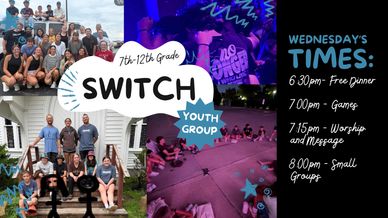 Youth group event flyer for 7th-12th graders with schedule.