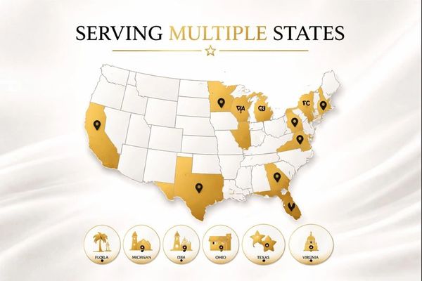 Stylized U.S. map in black and gold indicating the states served by Leverson Legacy Insurance, inclu
