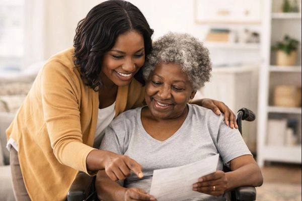 A younger woman helps an elderly woman in a wheelchair with paperwork.
