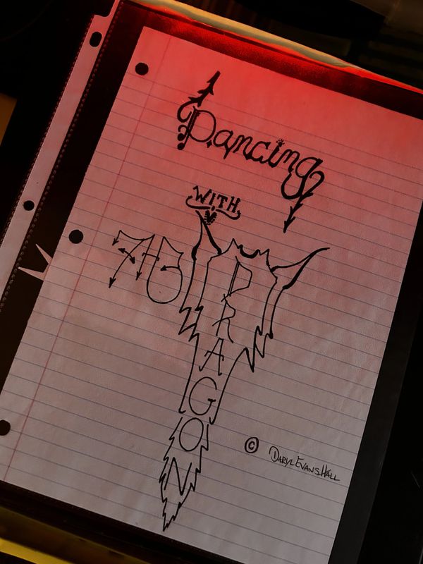 Artistic calligraphy on lined paper reading 'Dancing with Mortagon'.