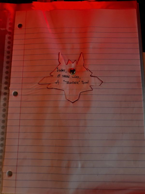 Paper with a wolf-shaped cutout and handwritten text under red lighting.