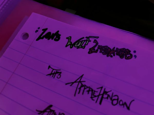 Handwritten title and names on lined paper under purple light.