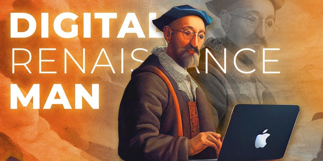 Renaissance man using a modern laptop, symbolizing digital renaissance.