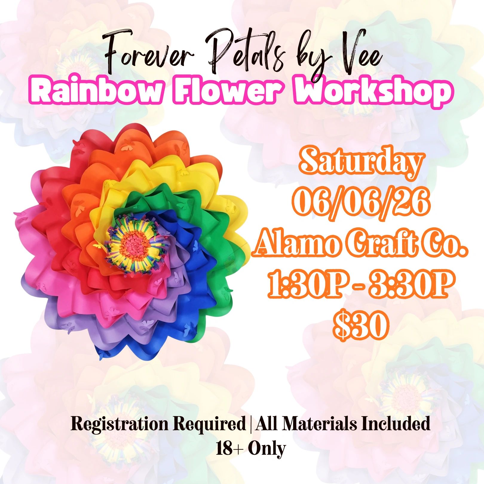 Colorful rainbow flower workshop event by Forever Petals by Vee.