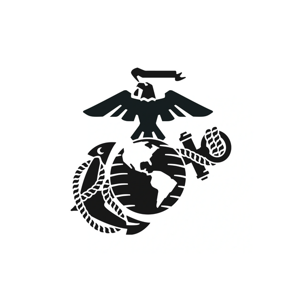 Black and white emblem of an eagle, globe, and anchor symbol.