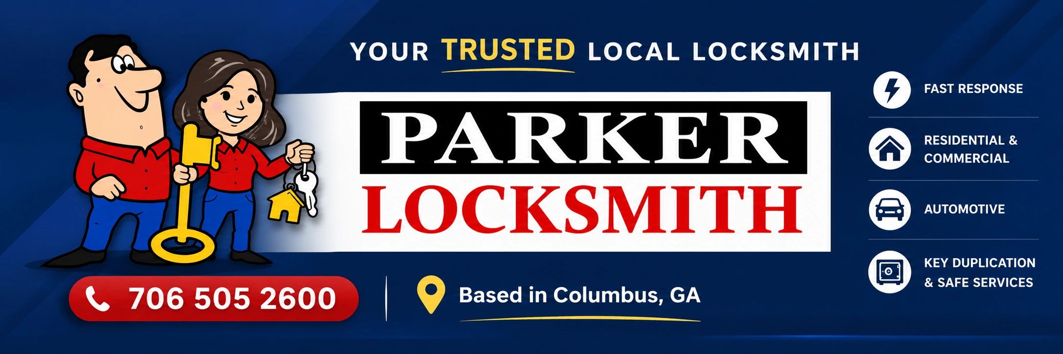 Cartoon locksmiths promoting Parker Locksmith in Columbus, GA with contact info and services.