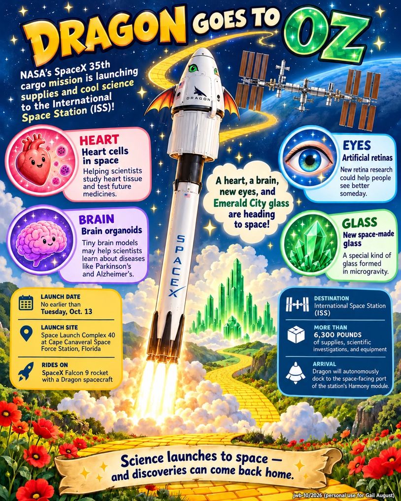 SpaceX's Dragon 35th cargo mission launches to the ISS with heart cells, brain organoids, artificial retinas, and space-made glass.