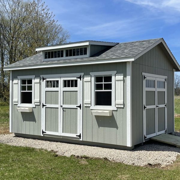 Gable Style Storage Shed with Dormer, Double Swinging LP Doors, 24" x 27" Slider Windows, Flowerboxe