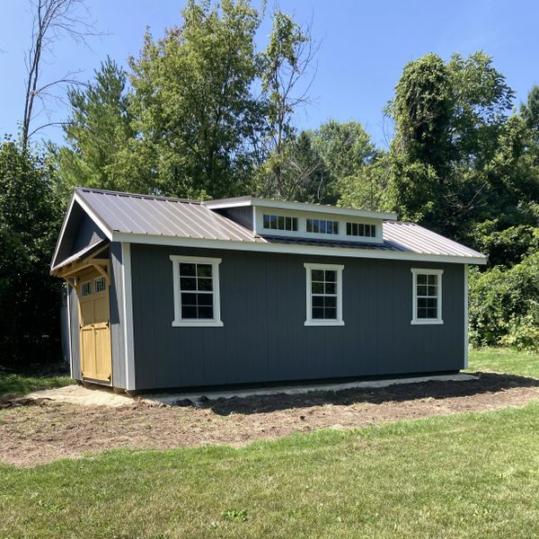 Gable Style Shed with Double Doors, Dormer, Transom Windows and 24"x36" Slider Windows