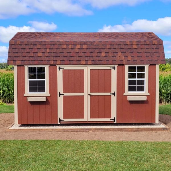 Lofted Barn made of LP Smart Siding and Castlebrook Shingles, Double Doors, Windows and Flowerboxes