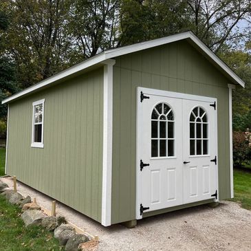 Gable Style Shed with Double Arched Lites Fiberglass Doors