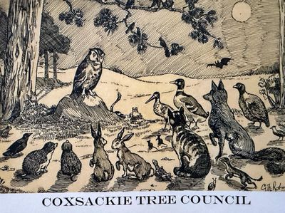 Black and white drawing of various animals under a tree at night.