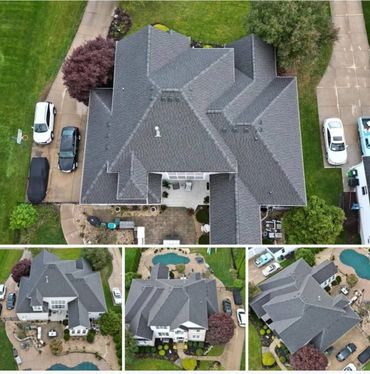 Aerial views of a large house with gray roofing and surrounding greenery.