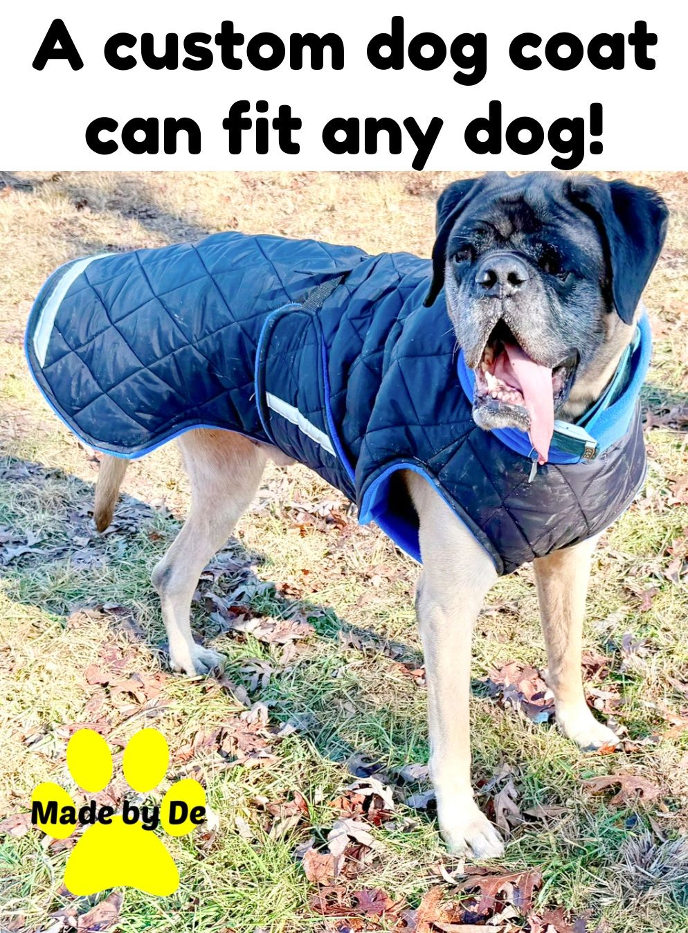 Special needs dogs or giant breeds can be difficult to fit.  A custom dog coat from Made by De can fit ANY dog and include the features you and your dog need in a coat.