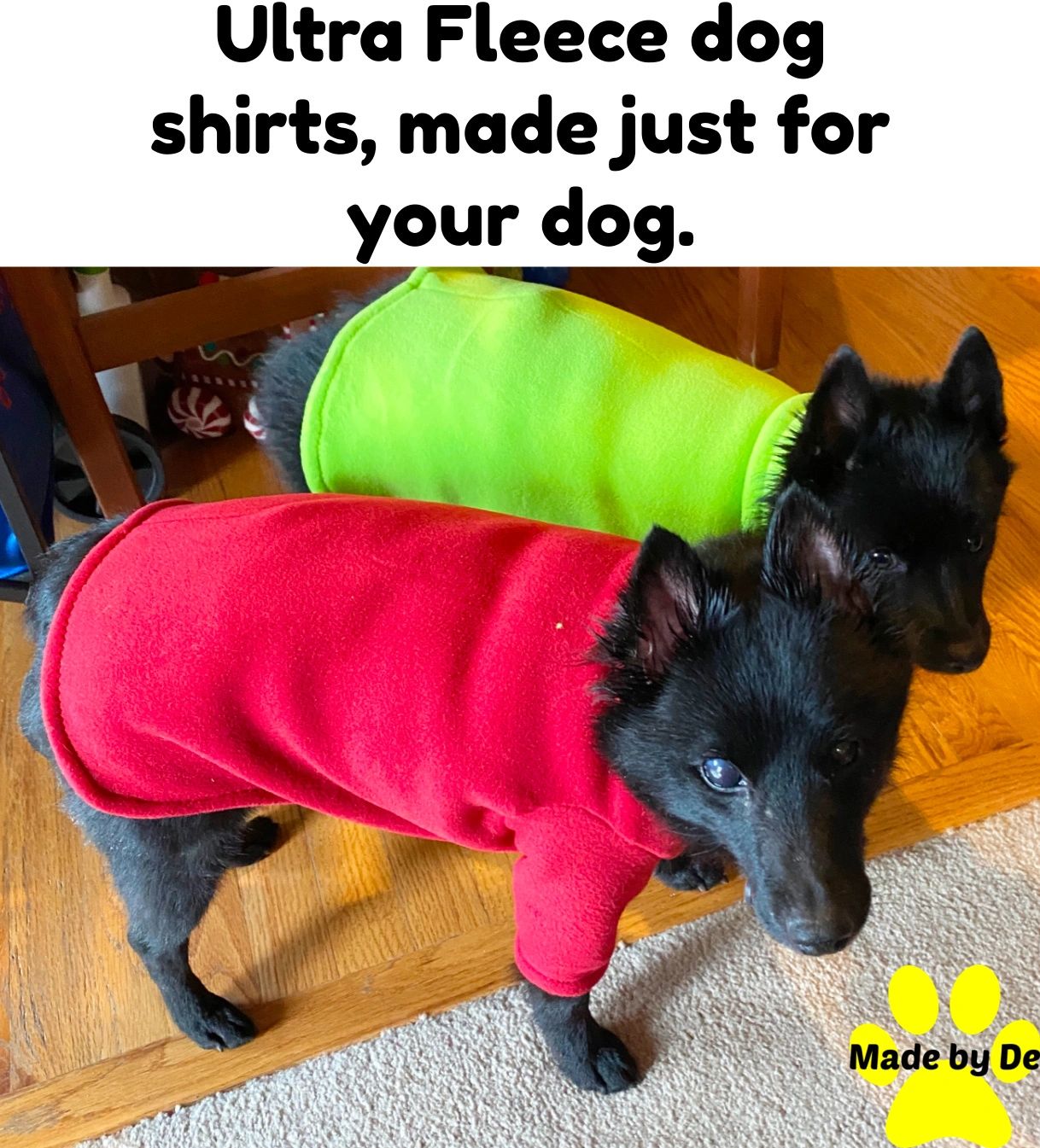 Ultra fleece dog pajamas and shirts are made of comfy, warm Polartec 300 fleece, so they keep your dog warm and comfy. And they will hold up for years. 
