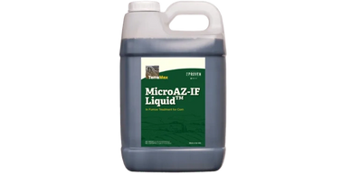 Container of MicroAZ-IF Liquid fungicide for corn treatment.