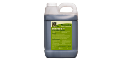 A plastic container of MicroPT fertilizer with a green label.