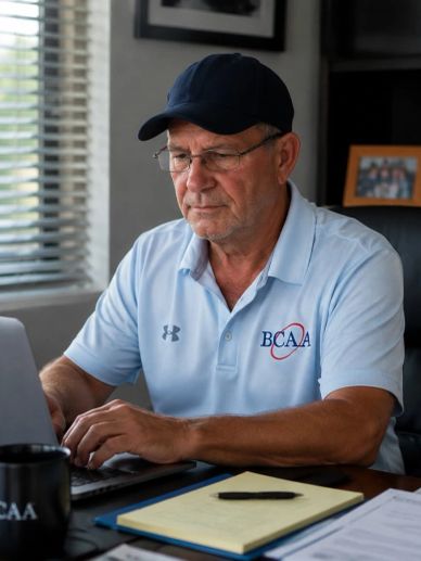 Man in BCAA shirt working on a laptop.