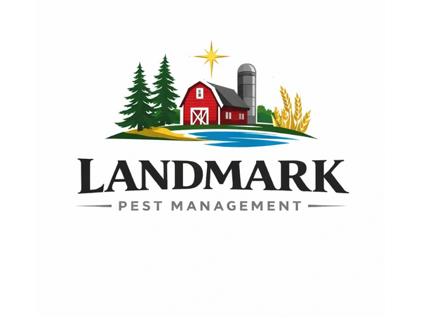 Logo of Landmark Pest Management with a farm scene and text.