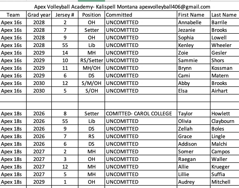 A volleyball team roster listing players' details and commitment status.