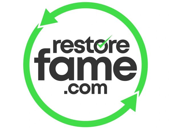 Logo for restorefame.com with green circular arrows and check mark.