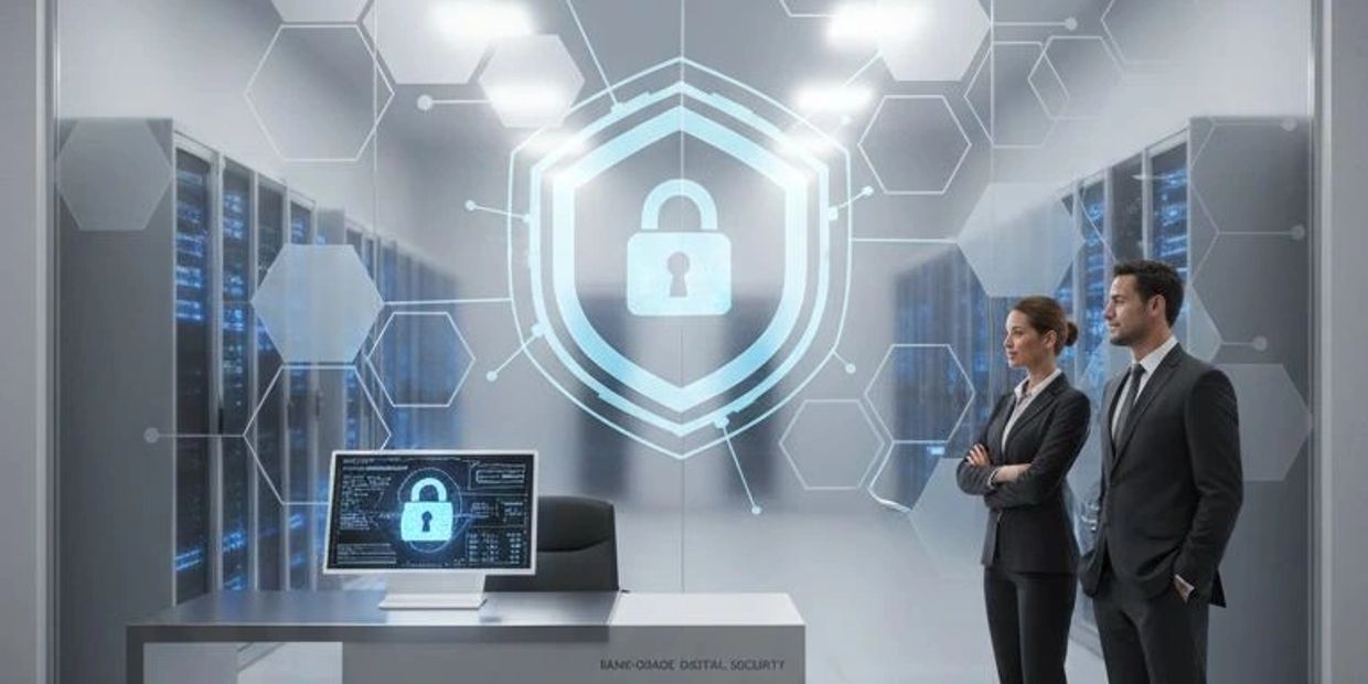 Two professionals in a server room with digital security graphics.