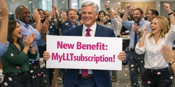 A man holds a sign about a new subscription benefit in a cheerful office celebration.