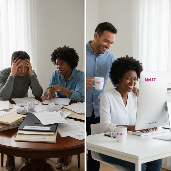 Two images showing a stressed couple working with papers and then happily using a computer with MyLLT.