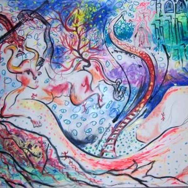 Abstract surreal underwater scene with mermaids and sea creatures.