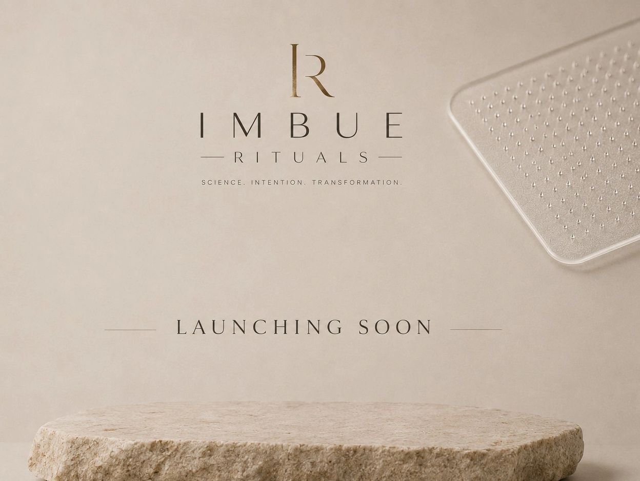 Elegant promotional image for Imbue Rituals launching soon with natural tones and textures.