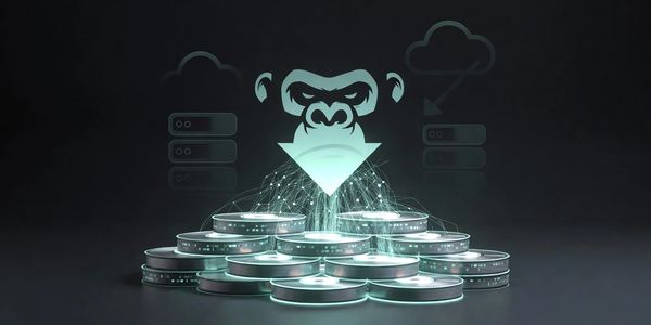 Futuristic digital data storage with monkey icon and network connections.