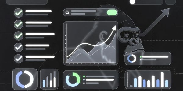 Digital interface with charts, checklists, and a gorilla illustration.